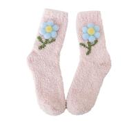Chaussettes d'hiver épaisses pour femme - Ne perd pas ses poils - Avec petites fleurs - Chaudes mi-mollet - En velours corail - Pour l'intérieur et l'extérieur - Chaussures assorties, rose, Taille