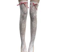 Chaussettes élégantes avec broderie rose au-dessus du genou - Fermeture à nouer réglable - Respirant - Design creux - Pour femme - Bas tendance en polyester à motif floral, Sangle en treillis rouge