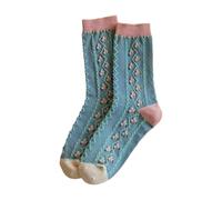 Chaussettes en coton à fleurs rétro pour femme - Taille moyenne - Chaussettes d'hiver en pur coton respirant japonais - Style littéraire et artistique - Chaussettes en laine, bleu, taille unique
