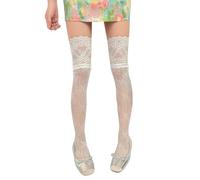 Chaussettes en résille au-dessus du genou pour femme avec bordure en dentelle florale rétro en nylon extensible Plusieurs options de couleur Chaussettes extensibles au-dessus du genou, blanc, Taille