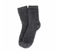 Chaussettes femme épaisses gris anthracite à texture bou La paire présente une surface sombre très texturée et une tige courte, avec un aspect moelleux visible sur les deux pièces