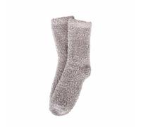 Chaussettes femme épaisses gris anthracite à texture bou La paire présente une surface sombre très texturée et une tige courte, avec un aspect moelleux visible sur les deux pièces