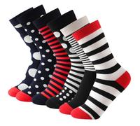 Chaussettes Femme noires, blanches et rouges avec motifs de rayures et de cercles. Chaussettes respirantes, fraîches et confortables. 85% coton. Lot de 6 paires. Usage quotidien. Taille 35-38