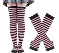 Chaussettes Hautes à Rayures et Gants Sans Doigts Ensemble, Chaussettes Longues Rayées Gants Longs Rayés pour Femmes Filles (FR/ES, Alpha/lettres, Taille unique, Taille normale, Taille normale, Rose)