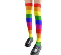 Chaussettes hautes pour femme avec motif rayé multicolore arc-en-ciel en soie au-dessus du genou bas collants collants pour les fêtes Chaussettes longues multicolores, G, Taille unique