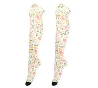 Chaussettes hautes pour femme de grande taille - Style décontracté - Extra longues - Pour les modèles de mariage - Motif bouton d'or et patate douce - Blanc et pêche