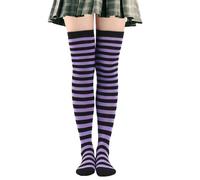 Chaussettes hautes rayées, 50 cm, pour femme, chaussettes hautes rayées, hauteur de cuisse, chaussettes chaudes pour Halloween, fête, festival, violet clair, noir fin