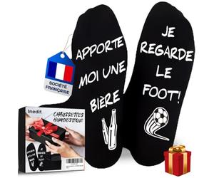Chaussettes Humoristique - Cadeau Original - Taille Unique extensible 39/45 (FR/ES, Alpha/lettres, Taille unique, Taille normale, Taille normale, Noir, APPORTE MOI UNE BIÈRE, JE REGARDE LE FOOT !)