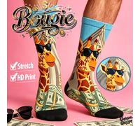 Chaussettes imprimées 360° cool - Chaussettes mi-mollet avec imprimé intégral de perroquet tropical de surf et girafe de luxe riche en dollars, style de rue, plage, hip-hop, skateboard, décontracté 36