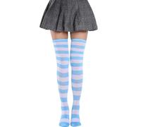Chaussettes Montantes Femme Hautes Socks Chaussettes Longues pour Femme, Chaussettes Hautes Au Dessus du Genou, Taille Unique, Bleu-Blanc