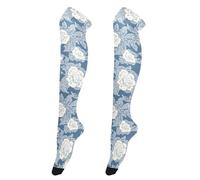 Chaussettes montantes pour femmes de grande taille, chaussettes montantes flexibles fantaisie au-dessus du genou pour danseuses pour occasions spéciales fleurs en dentelle bleue et blanche