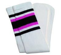 Chaussettes montantes Skatersocks pour femme - Hauteur au genou - Rayures noires et roses sur fond blanc - 56 cm