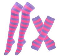 Chaussettes rayées au-dessus du genou avec manchons pour femme - Longues rayures - Chaussettes hautes - Mitaines sans doigts - Chaussettes hautes pour femmes et filles - Costume de fête, Rose +
