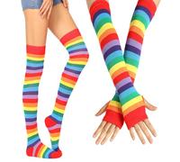 Chaussettes rayées hautes - Bas arc-en-, ensemble chauffe-bras, costume de clown au-dessus du genou, accessoires colorés extensibles, tenue de mode amusante | Fête Halloween Cosplay Habiller