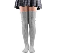 Chaussettes Ski Neige Voiture Chaussettes hautes tricotées par câble pour femmes, Extra longues, chaudes au-dessus du genou, bas de bottes, jambières Chaussettes Blanches Hautes (Grey, One Size)