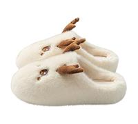 Chausson de Noel Femme et Homme Mignon avec Design Wapiti et Corne de Cerf Pantoufle de Noël Peluche Douces Chaussons Noel Antidérapant Pantoufles de Maison Chaud pour Fête de Noël