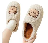 Chausson femme hiver Pantoufles d'intérieur en fourrure for femmes, chaussures chaudes en peluche for couples, motif ours de dessin animé mignon, chaussures antidérapantes for l'hiver(Beige,38-39)