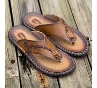 Chausson Pantoufle Sandale Pantoufles en Cuir Faites À La Main pour Hommes Tongs À La Mode Respirantes Et Confortables Pantoufles D'Extérieur-Kaki_9.5