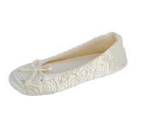 ISOTONER Women's Rose Quilted Satin Ballerina Slippers with Rhinestones Ivory Small 5-6