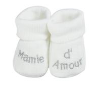 KINOUSSES - Chaussons Bébé - Brodés "Mamie d'amour" - 0-3 Mois - Blanc/Argent