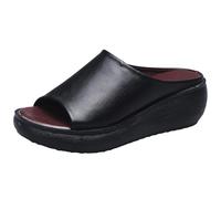 Chaussons compensés en cuir pour femme - Avec bouche de poisson - Séparateurs d'orteils - Pantoufles d'été - Chaussures d'été - Plateforme épaisse - Chaussures d'été vintage, Noir , 37 EU