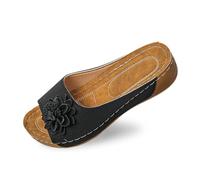 Chaussons élégants pour femme avec bout ouvert et talon compensé, dessus en cuir et motif floral sont des chaussures confortables avec tempérament, Noir , 40 EU