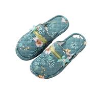 Chaussons en tissu Pantoufles de maison en tissu de coton for femmes, chaussures d'hôtel familiales, diapositives florales for femmes, pantoufles plates d'intérieur for chambre à coucher(Lake blue,38-