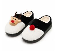 Chaussons Femme Homme Hiver Confortable Chausson Noel avec 3D Tête de Renne et Visage de Pere Noel à Nez Rouge Pantoufles Couple Drole Pantoufle Confort Fourrés Mules et Sabots Antidérapante Slippers