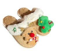 Chaussons Femme Homme Noel Pantoufles Motif Père Noël et Renne Hiver Chaud Maison Chausson de Noel Mignon Doux et Confort Antidérapante Pelucheuses Pantoufle Noel Intérieur/Extérieur (A010-Khaki, 41)