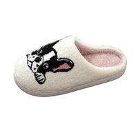 Chaussons Hiver Femme Chaussons en Doudou à Broderie Animal de Compagnie Bouledogue Français Style Européen pour Maison en Hiver(White, 39)