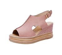 Chaussure Compensee Femme Sandales Et Nu -Pieds Mesdames couleur unie évider en cuir bout ouvert boucle sandales à talons compensés Mules Et Sabots Femme Été Compensées (Pink 40)