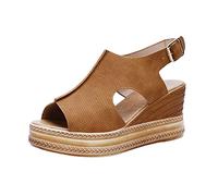 Chaussure Compensee Femme Sandales Et Nu -Pieds Mesdames couleur unie évider en cuir bout ouvert boucle sandales à talons compensés Mules Et Sabots Femme Été Compensées (Brown 41)