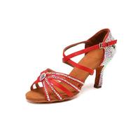Chaussure Danse Latine Femme Chaussures de Danse à Talons Hauts de 8 cm for Femmes, Chaussures Latines en Satin, Escarpins à Strass, Sandales de Jazz et de Valse(Red,41)