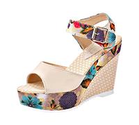 Chaussure Été Femme Sandale Orthopedique Femme Sandale Sandales Plate Talons Dentelle Bouche Impression Nationale Haute Femmes Fish Slope Non Positionné Sandals Fille Chaussures (Beige 37)