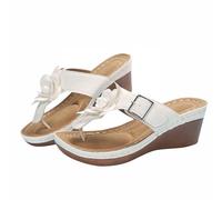 Chaussure Femme Ete Sandales Orthopédiques Été Dames Rétro en Cuir Massif Fleur Décorative Bout Ouvert Sandales à Semelle Épaisse Chaussures Femme Compensées Sandals Reflexologie (White 39)