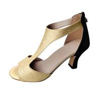 Chaussure Heels Dance Sandales Femme à Bout Ouvert et Motifs Ajourés - Talon Milieu en Cuir Brillant - pour Danse Latin et Soirée Or #1, 40