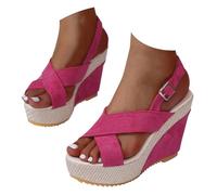 Chaussure Plage Femme Sandales Compensées Femme Sandales d'été à Talons Hauts et Semelle épaisse,de Plage en Denim à Larges Rayures et Boucle,Mule été Confortable (Hot Pink,36)
