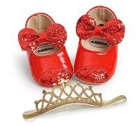 Chaussures à paillettes pour bébé fille avec semelle souple Mary Jane - Robe de fête avec nœud et bandeau, H Paillettes Rouge, 0-6 mois