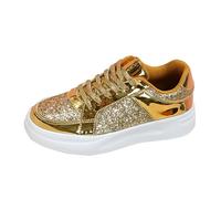 Chaussures à paillettes pour femme - Baskets à plateforme - En cuir blanc - Respirantes - Noir - Paillettes - Chaussures de sport à lacets - Chaussures plates argentées - Chaussures de sport basses