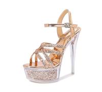 Chaussures à plateforme de 14 cm pour femme - Bout ouvert - Sangle de cheville - Escarpins à bout rond scintillant - Pour fête, club, mariage, bal de promo, talons hauts, Couleur champagne., 35 EU