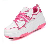 Chaussures à Roulette Garçons Filles, 2 en 1 Patins à roulettes Retractable Enfant avec 4 roulettes Frein Avant Chaussures de Skateboard Réglables Adolescents,339 Rose Red,38 EU