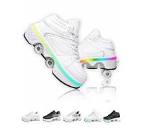 Chaussures A roulettes Retractable Unisexes,2 en 1 Basket Roller Fille avec 4 Roues pour Adolescents Et Adultes (White with Light, 38)