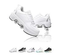 Chaussures A roulettes Retractable Unisexes,2 en 1 Basket Roller Fille avec 4 Roues pour Adolescents Et Adultes (Silver White, 35)
