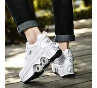 Chaussures À roulettes Sneakers Roller Chaussures De Skateboard Baskets avec Roues Sport Gymnastique Mode pour Garçons Et Filles Enfants,White-EUR34
