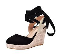 Chaussures à talon noir élégantes pour femme Sandales bohémiennes en toile à lacets avec semelles épaisses de style ethnique avec talon compensé Chaussures pour femme Noir 43, Noir , 37 EU