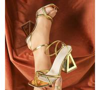 Chaussures à talons hauts mode à large taille pour femmes, sandales à bride en demi-cercle métal PU, sandales à bride plate et fine, sandales à bout carré classiques, sandales à talon doré asymétrique