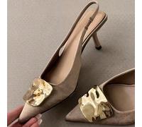 Chaussures à talons hauts noirs à bout pointu de style français, sandales à talons fins avec boucle métallique et bout fermé pour femmes, style élégant CN35,CN36,CN37,CN38,CN39,CN40,CN41