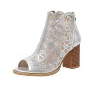 Chaussures à talons hauts pour femme - Chaussures à talon bloc - En maille respirante - Chaussures de soirée - Fermeture éclair - Bottines basses avec strass, Argent 01., 40 EU