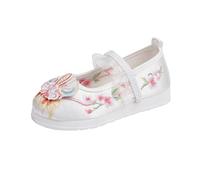 Chaussures Brodées De Style Chinois Traditionnel Pour Petites Filles Chaussures Plates Mignonnes À Appliqués Floraux, Style Art Populaire Shoes De Danse Mary Jane Pour Enfants(White,32 EU)