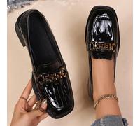 Chaussures casual à bout carré polyvalentes pour femmes, décoration boucle métallique, talon bas, matériau à surface miroir, mocassins à enfiler, petits souliers à talon compensé, chaussures de travai
